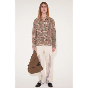 OUR LEGACY Box Shirt 100% Linen Tartan Hypnosis Abstract Print Button Up Size 54